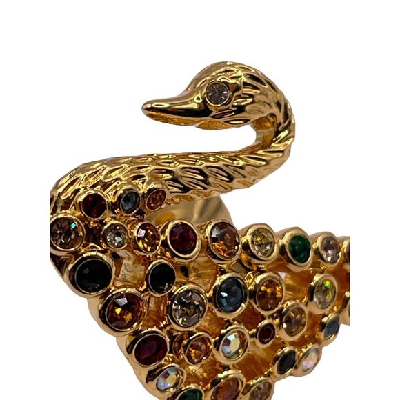 Swarovski Signed Multicolor Crystal Gold Tone Colorful Swan VTG Lapel Pin Brooch - Picture 6 of 9